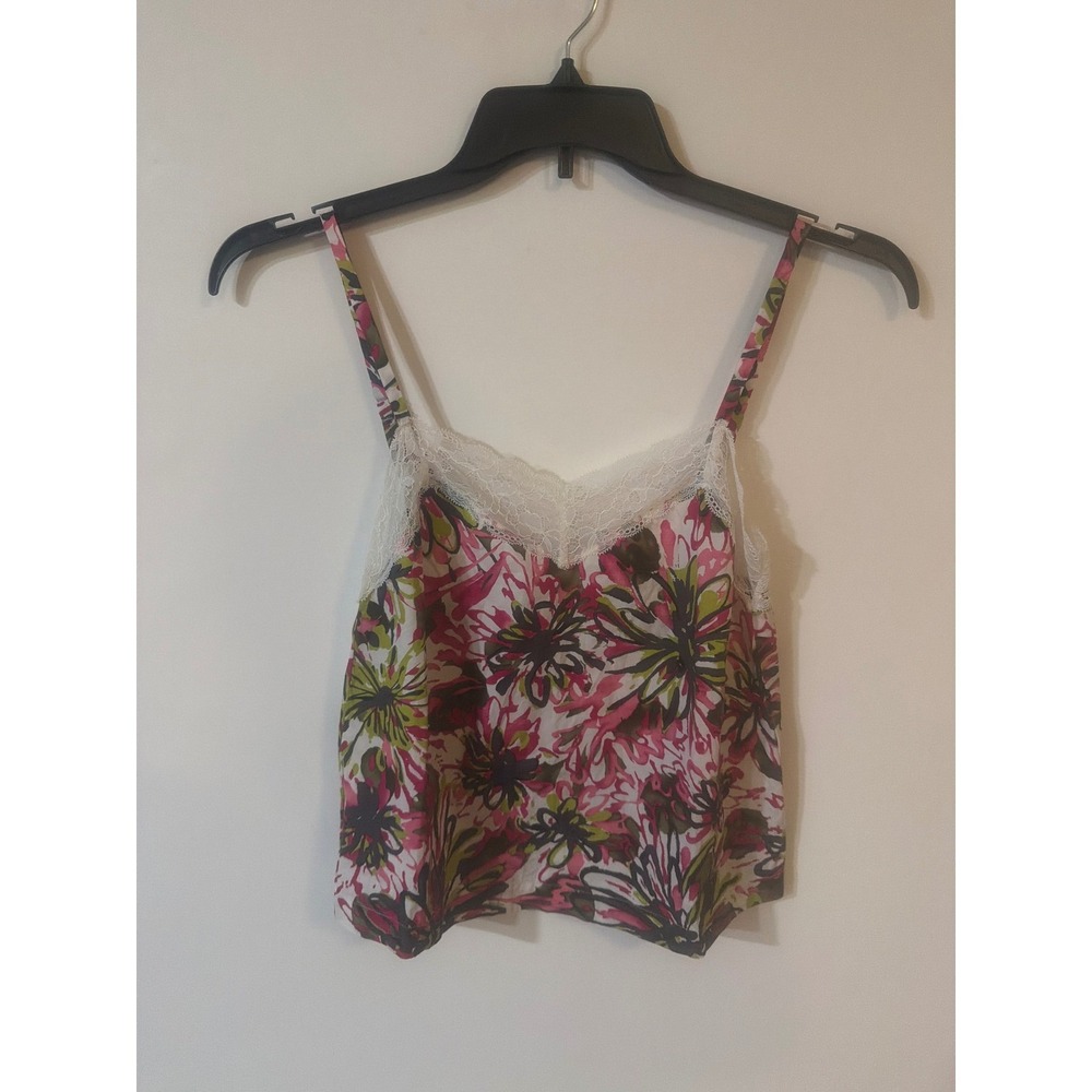 Trina Turk Pink Green Floral Lace Trim Cotton Camisole Top Size P NWT